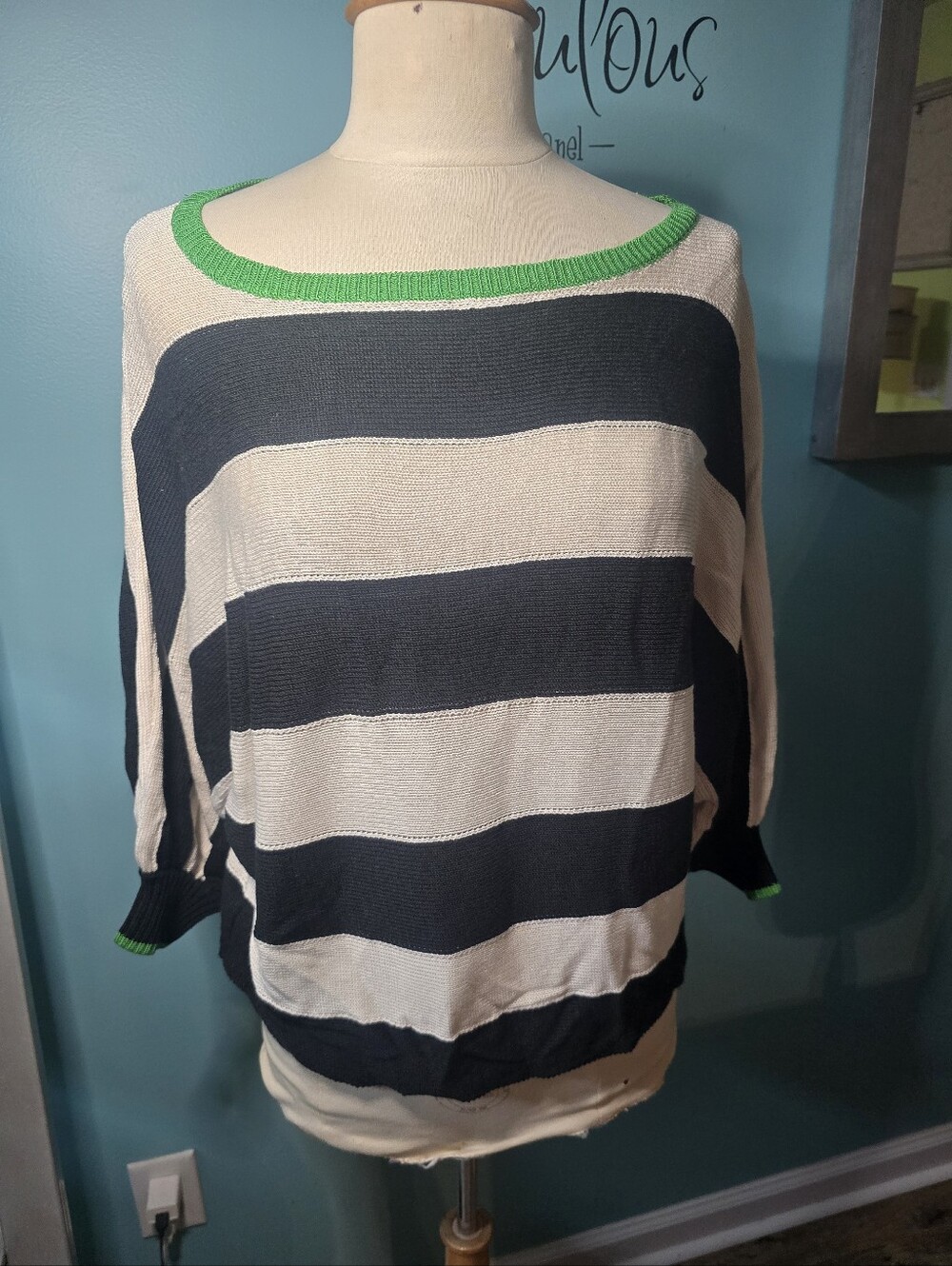 Classic Chic Maeve Striped Woven Sweater with Green Trim